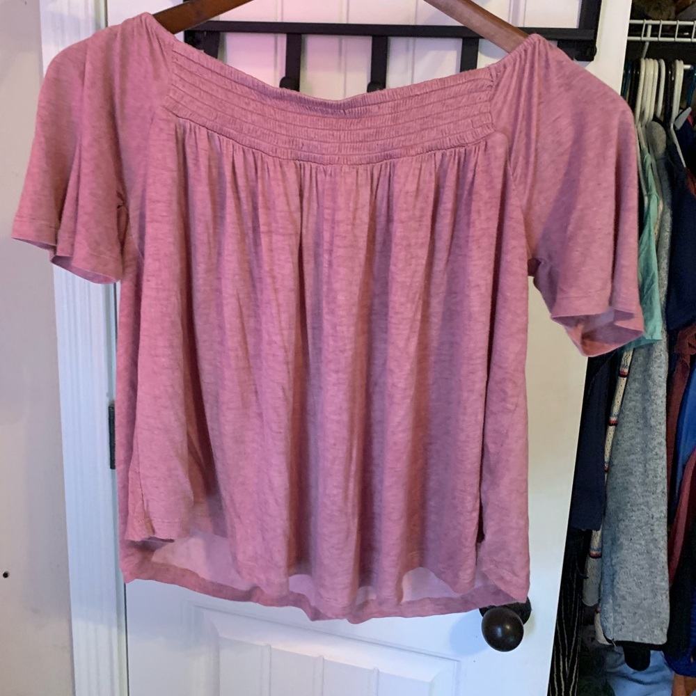 Pink flowy off the shoulder shirt